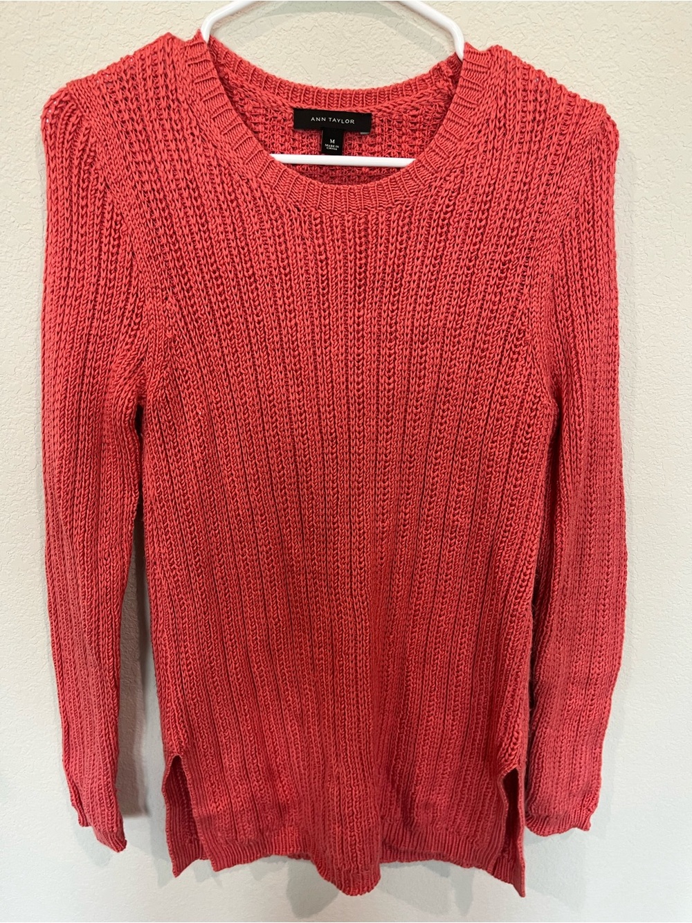 Ann Taylor Coral Ribbed Crewneck Sweater